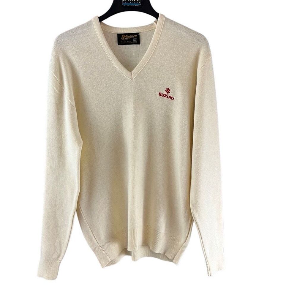 Swingster Suzuki Embroidered V-Neck Vintage Sweater Size XL Cream Red